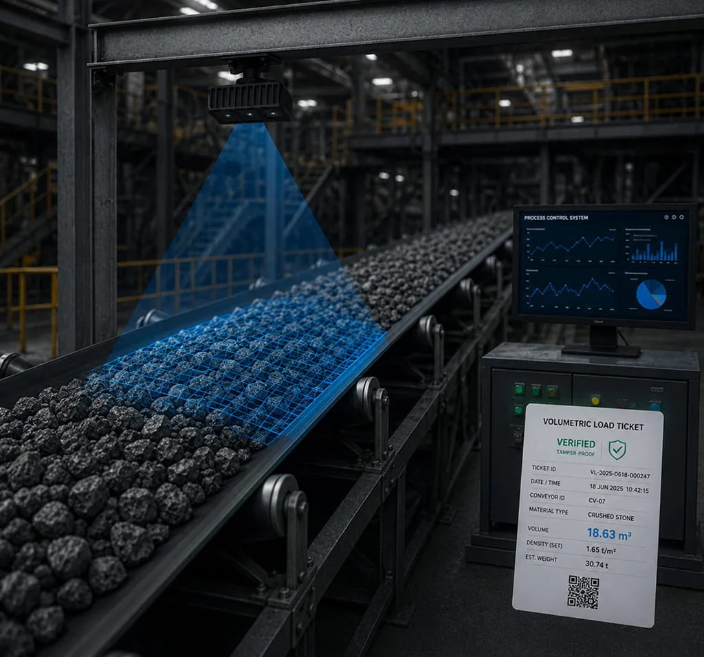 VMS-FL180 scanning bulk material on a plant conveyor and feeding volumetric data into process control screens