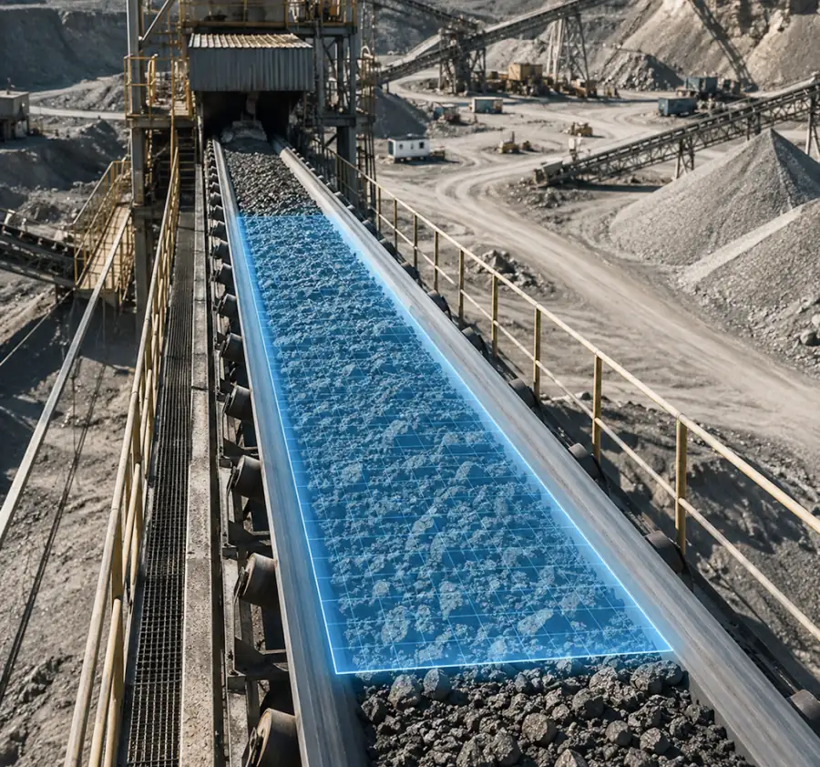 LiDAR scanning grid monitoring bulk material flow on a mining conveyor belt in real time