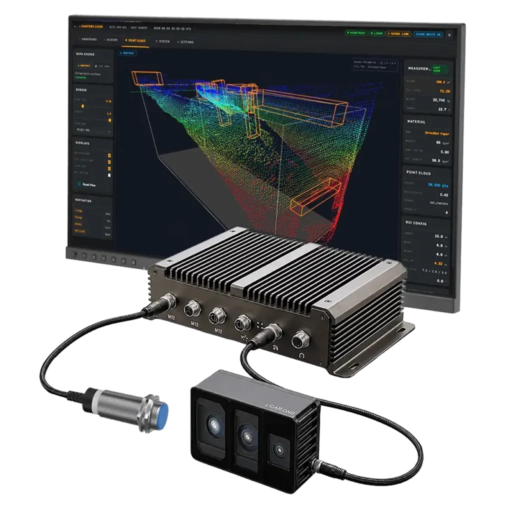 Complete VMS-FL180C conveyor measurement system with LiDAR camera module, speed sensor, control unit and point cloud monitoring software