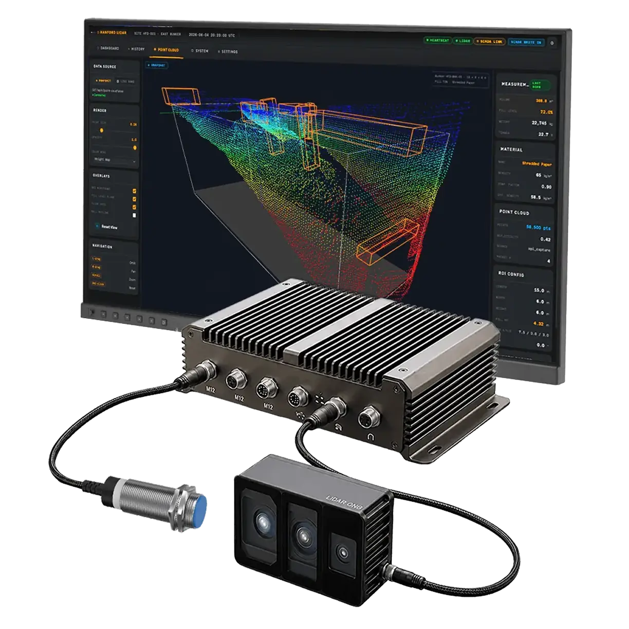 Complete VMS-FL180C conveyor measurement system with LiDAR camera module, speed sensor, control unit and point cloud monitoring software