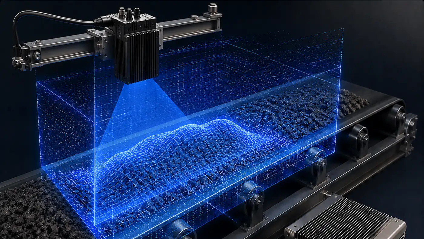 LiDAR sensor mounted over a conveyor belt projecting a blue 3D scanning field over moving bulk material