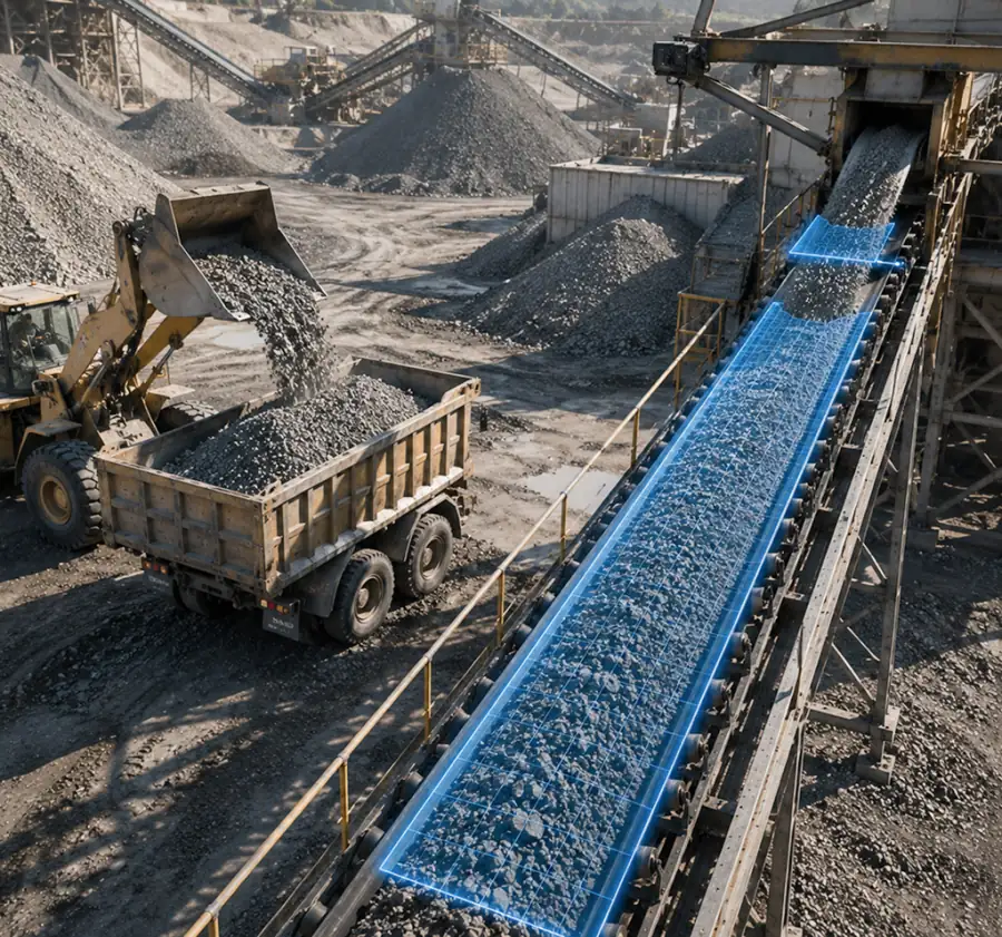 Wheel loader filling a dump truck next to a conveyor with LiDAR measurement overlay