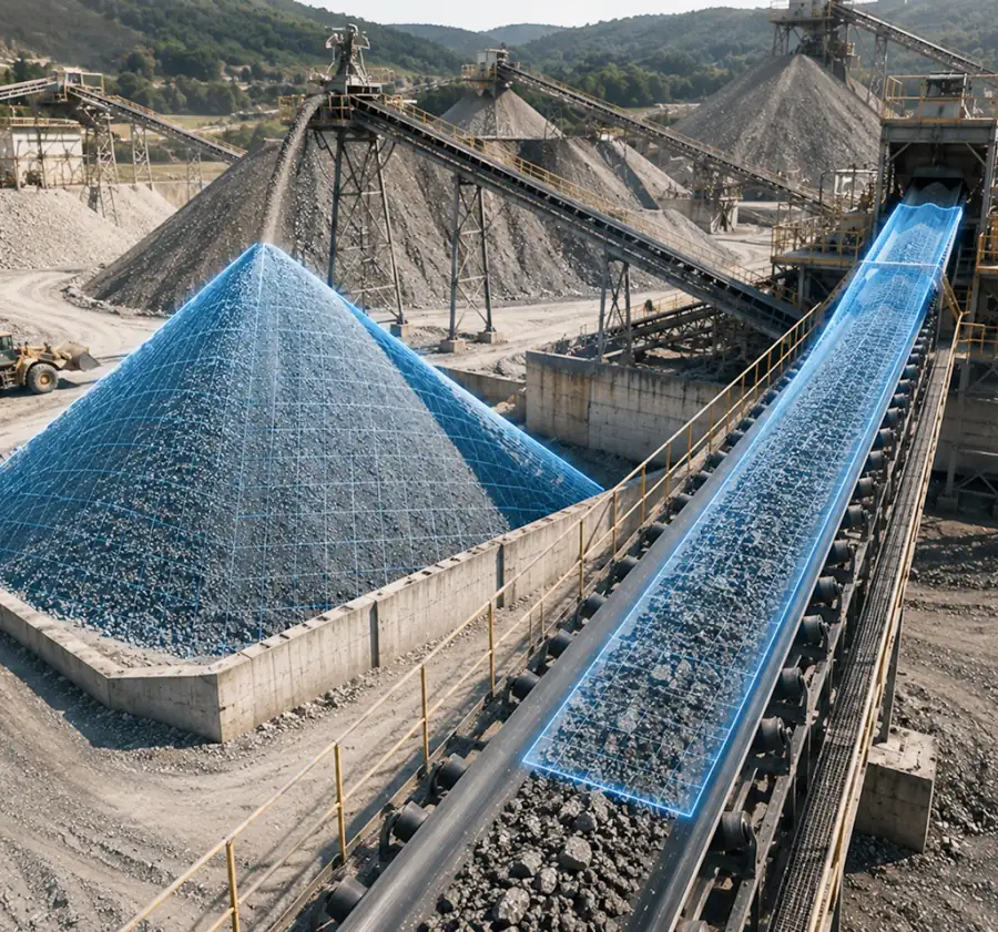 LiDAR grid overlay on a stockpile and conveyor belt used for inventory tracking