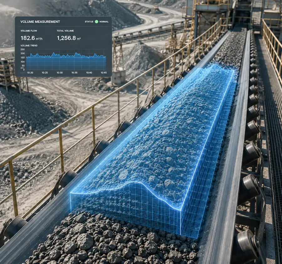 3D LiDAR volume measurement overlay with live volume flow dashboard on a conveyor belt