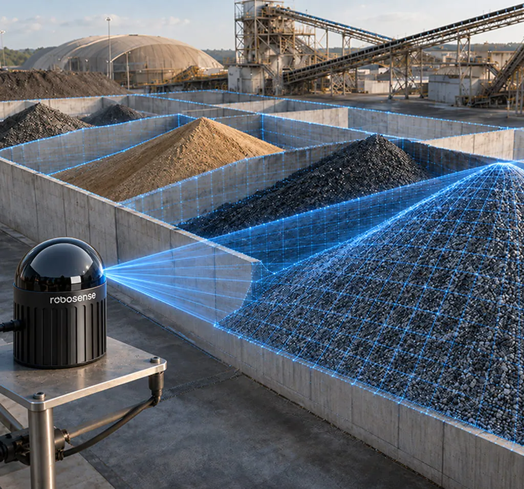 VMS-HS096 dome LiDAR sensor scanning aggregate stockpiles in an open bunker to measure stored volume