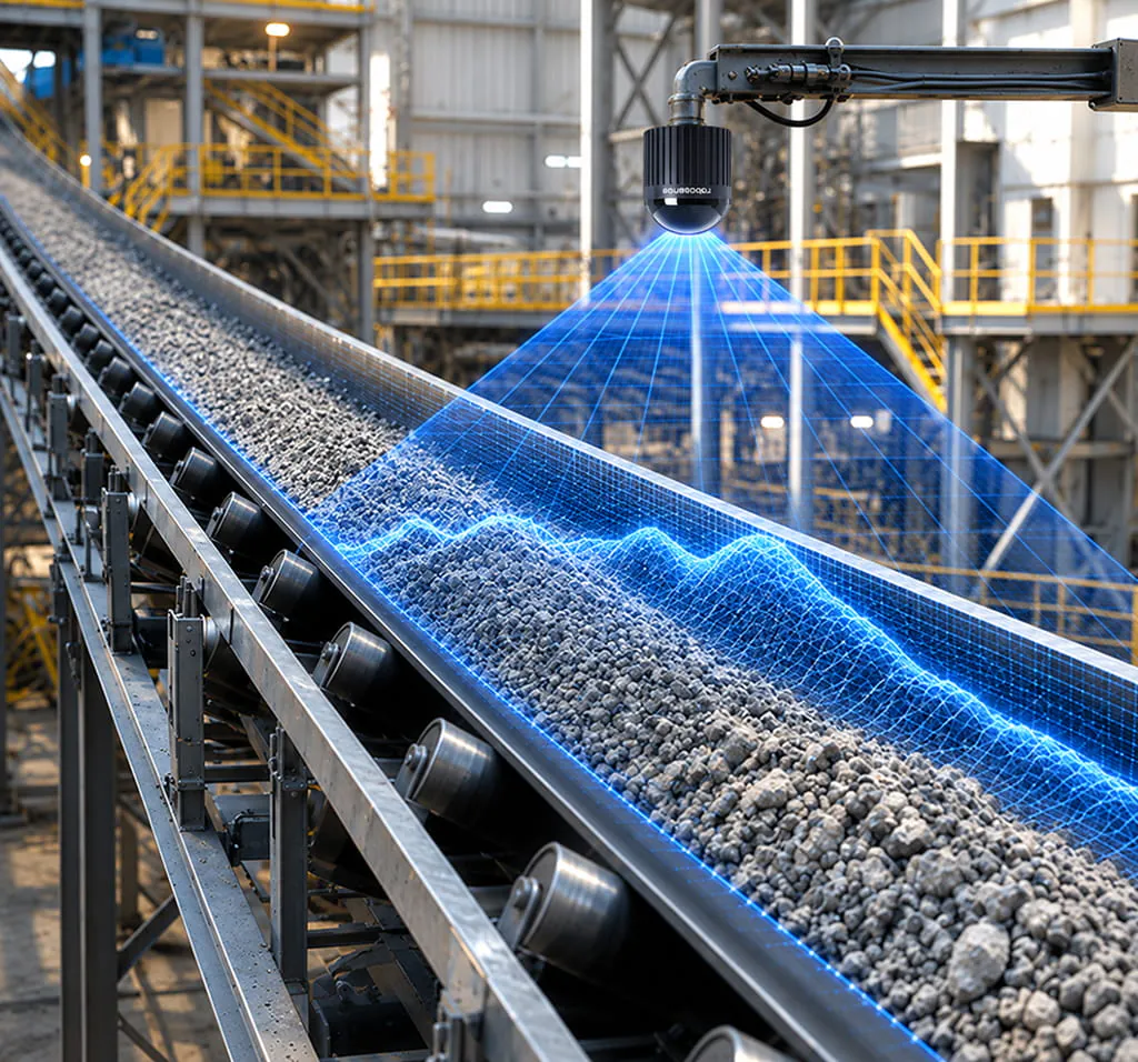 VMS-HS096 LiDAR scanner measuring material flow on a moving conveyor belt in 3D