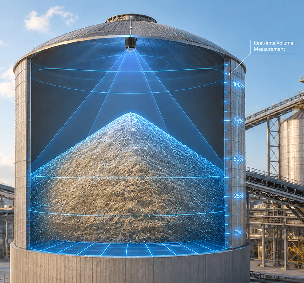 LiDAR scan of a bulk material pile inside a storage silo, showing real-time volume measurement with the VMS-HS096