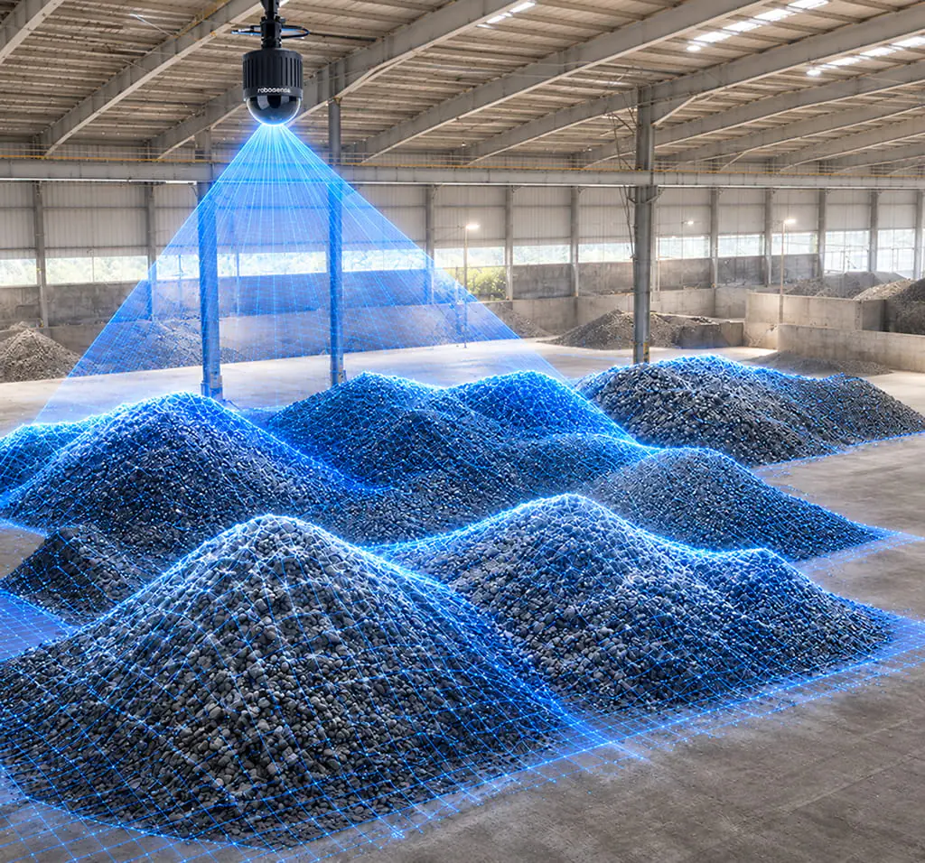 Ceiling-mounted LiDAR sensor mapping irregular bulk material piles across a large indoor warehouse floor