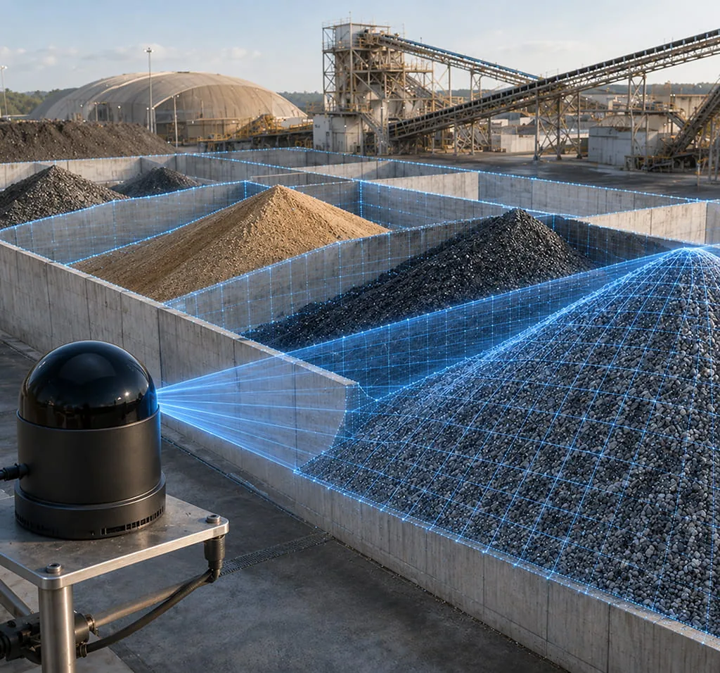 VMS-HS128 LiDAR sensor scanning aggregate stockpiles in an open bunker to measure stored volume