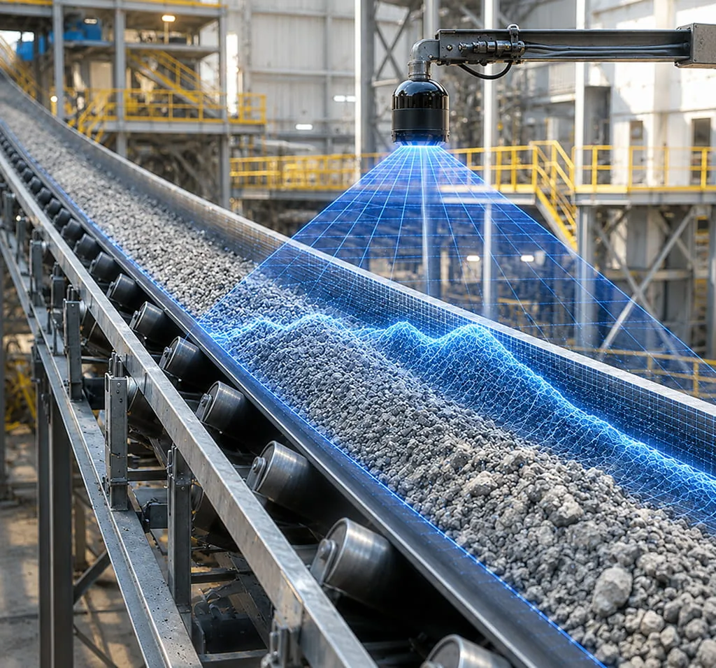VMS-HS128 LiDAR scanner measuring material flow on a moving conveyor belt in 3D