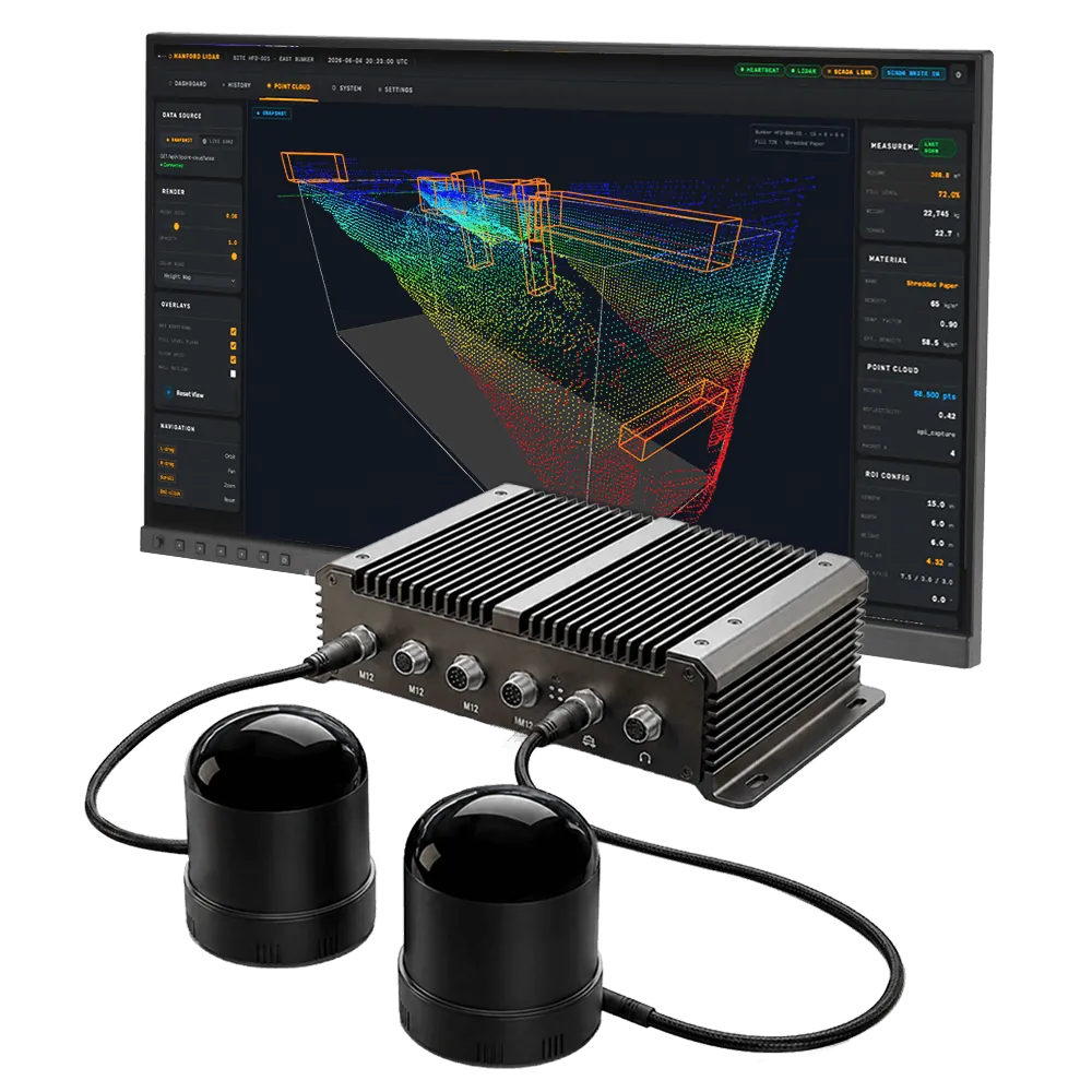 Cratus Technology VMS-HS128 LiDAR volume measurement system with two 128-channel dome sensors, edge processing unit and real-time 3D point cloud monitoring dashboard