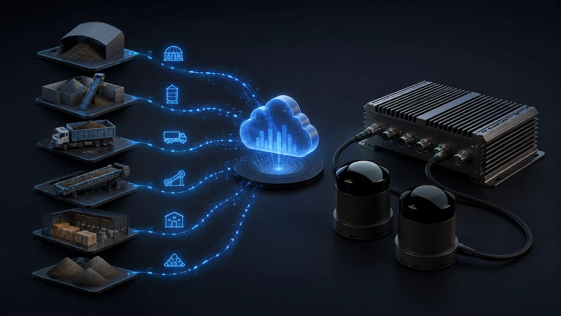 Diagram showing VMS-HS128 LiDAR sensors capturing silos, trucks, conveyors and warehouses and delivering volume data to the cloud