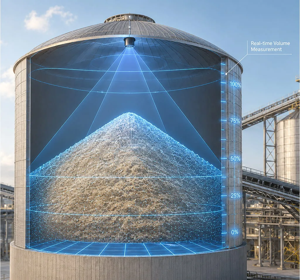 LiDAR scan of a bulk material pile inside a storage silo, showing real-time volume measurement with the VMS-HS128