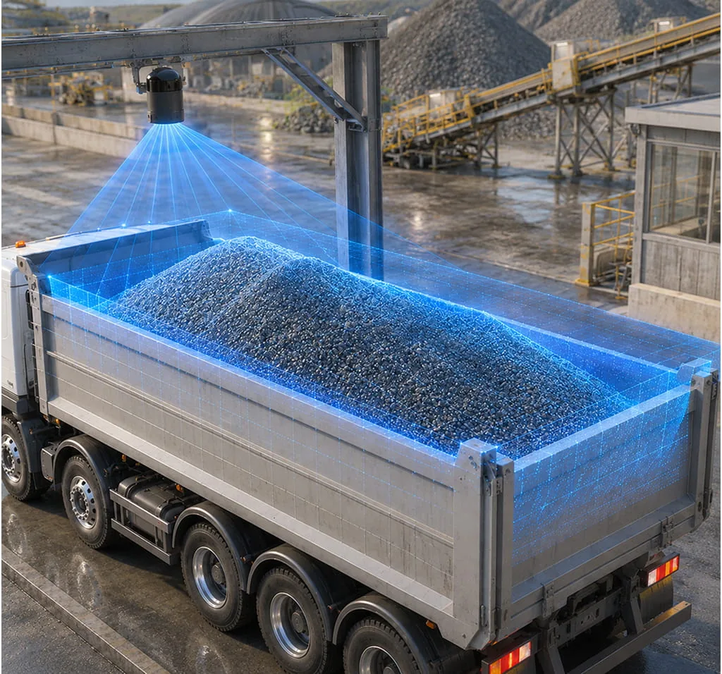 LiDAR point cloud scanning the loaded bed of a dump truck to estimate material volume without stopping operations