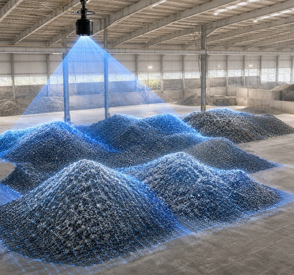 LiDAR sensor mapping irregular bulk material piles across a large indoor warehouse floor