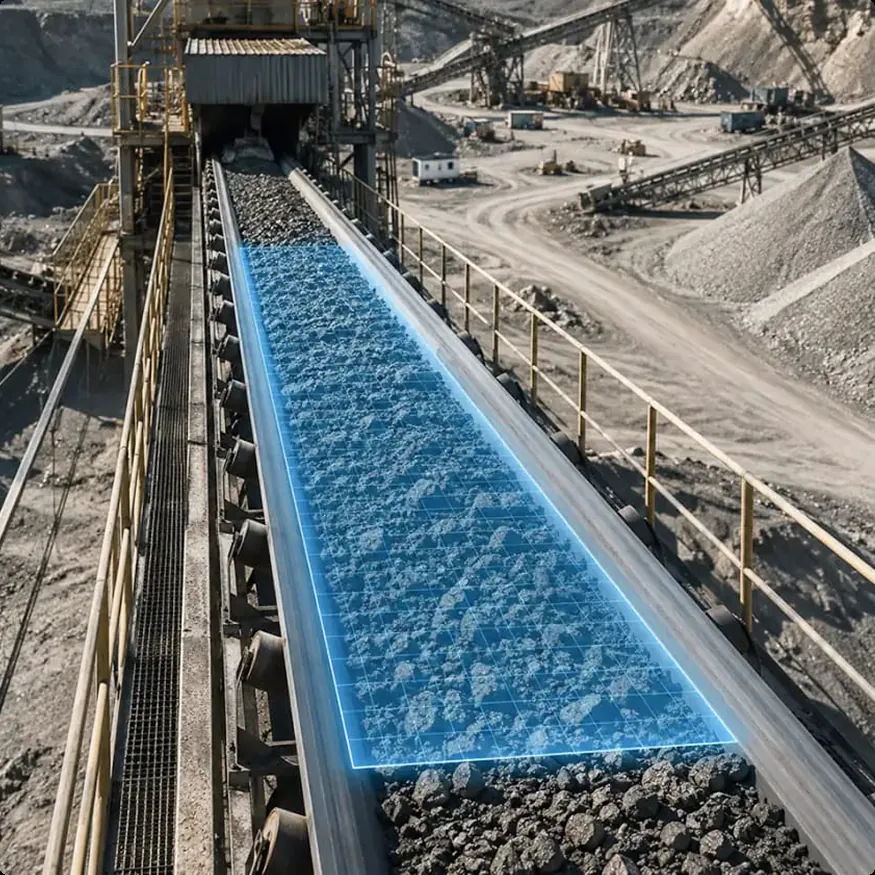 LiDAR scanning grid monitoring bulk material flow on a mining conveyor belt in real time
