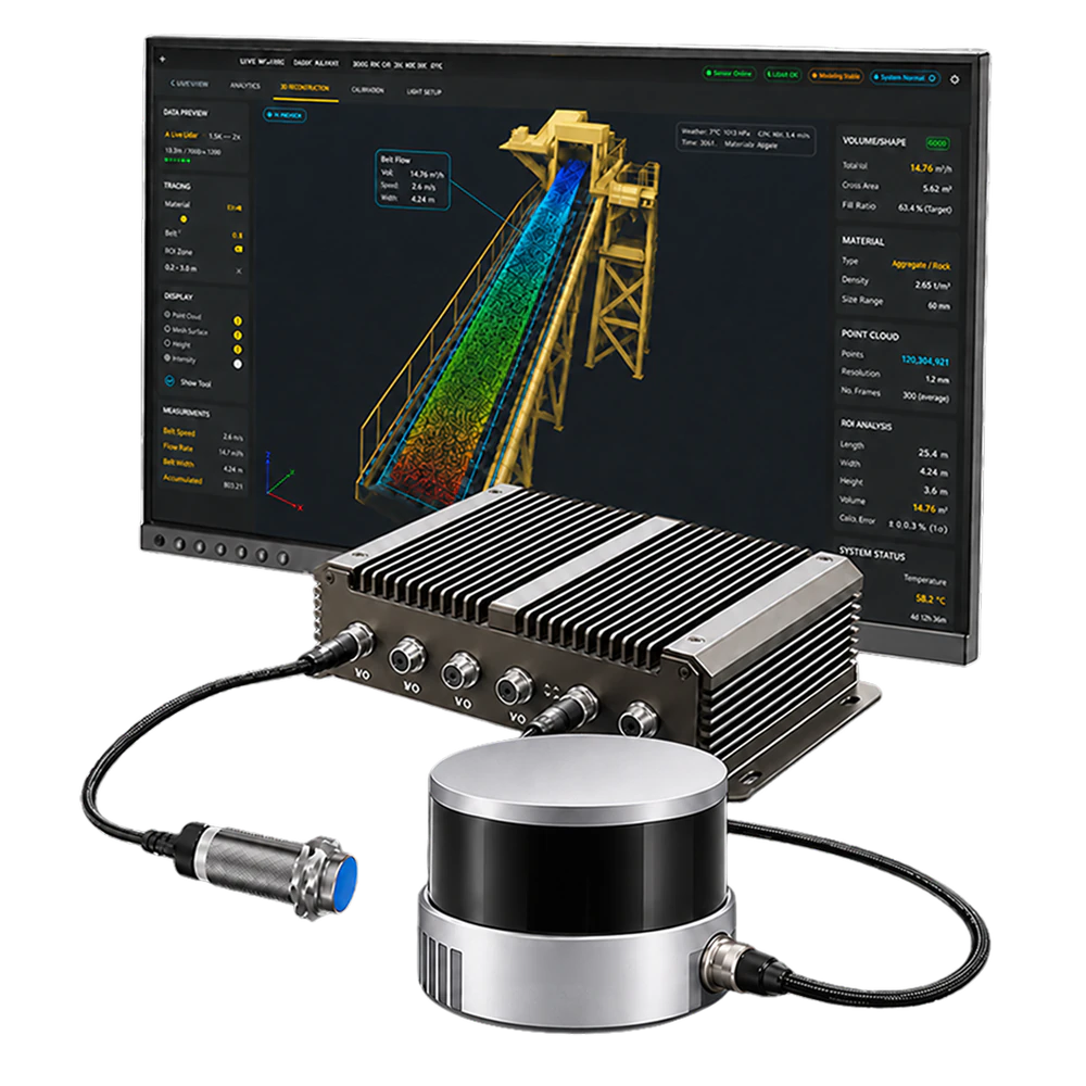 VMS-ME032 conveyor measurement system with monitor, edge control unit, LiDAR sensor and conveyor speed sensor