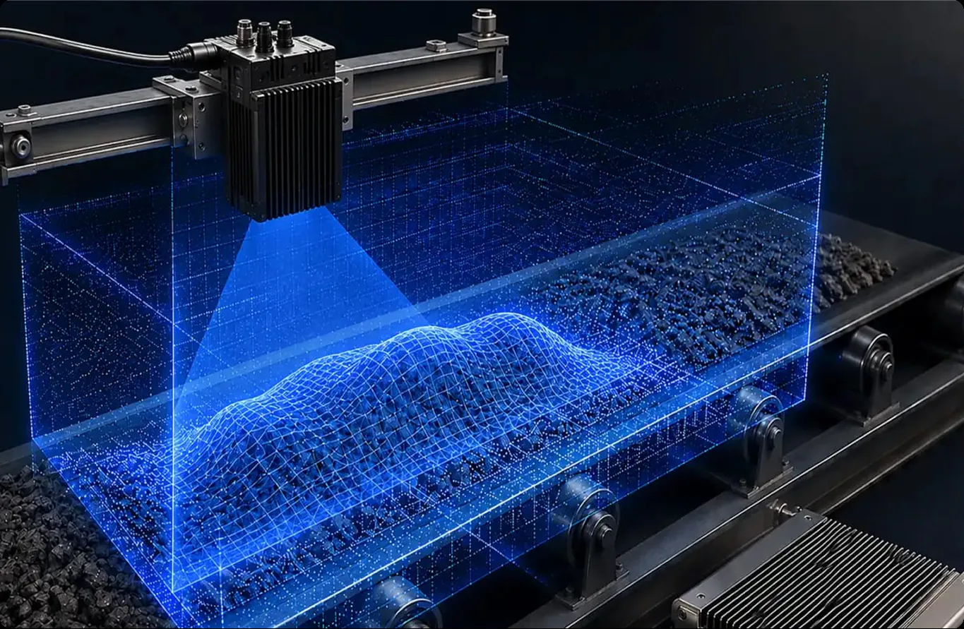 LiDAR sensor mounted over a conveyor belt projecting a blue 3D scanning field over moving bulk material