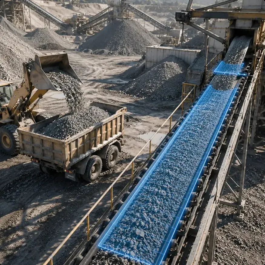 Wheel loader filling a dump truck next to a conveyor with LiDAR measurement overlay