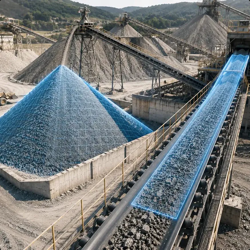 LiDAR grid overlay on a stockpile and conveyor belt used for inventory tracking