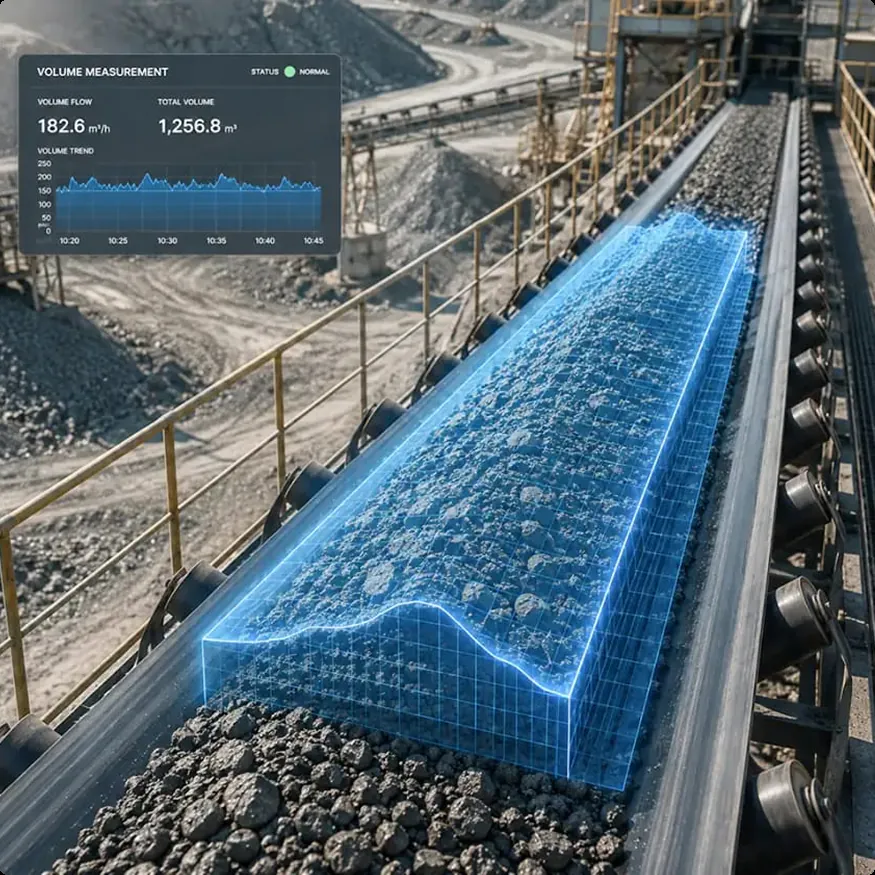 3D LiDAR volume measurement overlay with live volume flow dashboard on a conveyor belt