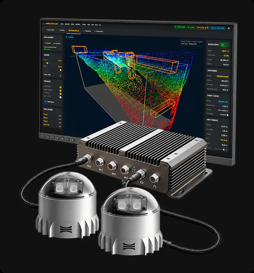 Cratus VMS-US128 volume measurement system with its industrial controller and two dome LiDAR sensor heads