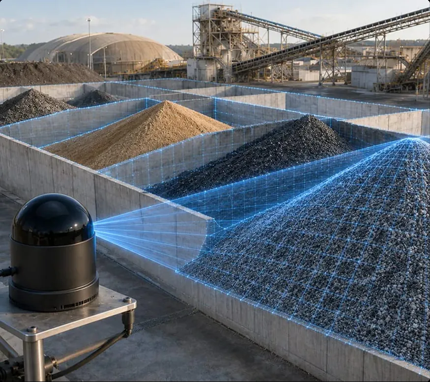 VMS-US128 dome LiDAR sensor scanning aggregate stockpiles in an open bunker to measure stored volume