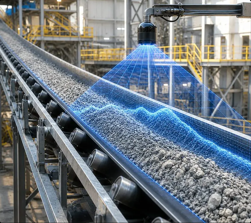 VMS-US128 LiDAR scanner measuring material flow on a moving conveyor belt in 3D