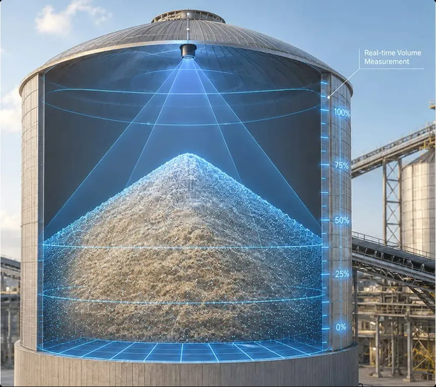 LiDAR scan of a bulk material pile inside a storage silo, showing real-time volume measurement with the VMS-US128