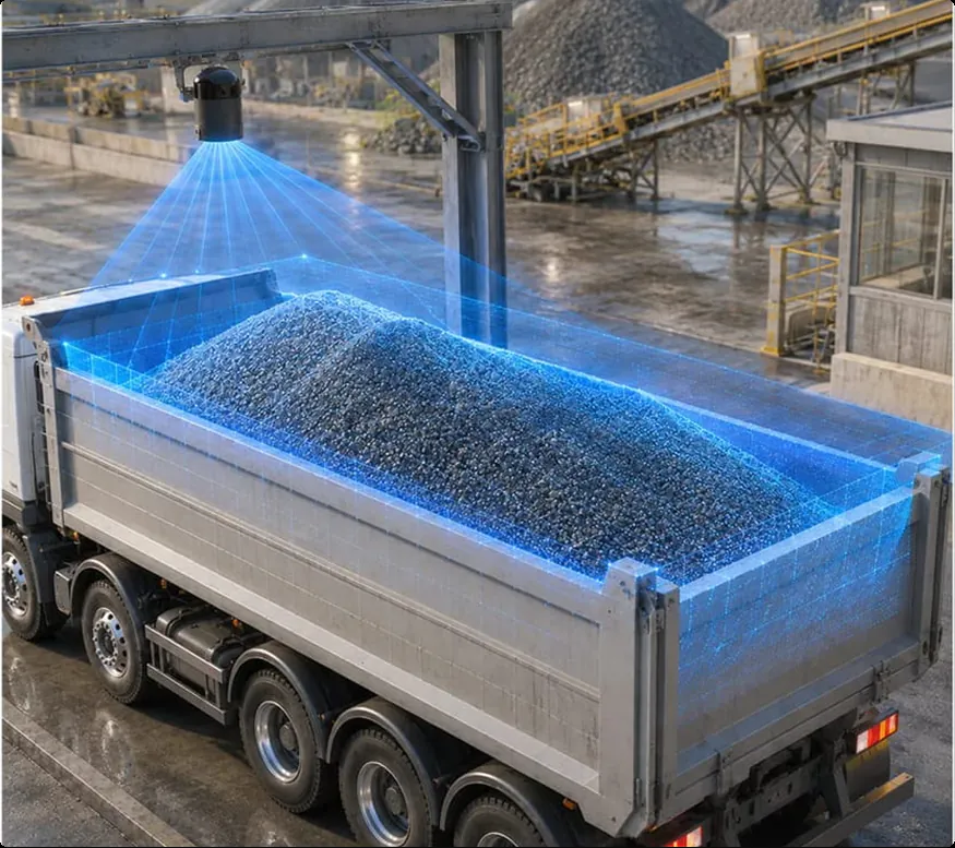 LiDAR point cloud scanning the loaded bed of a dump truck to estimate material volume without stopping operations