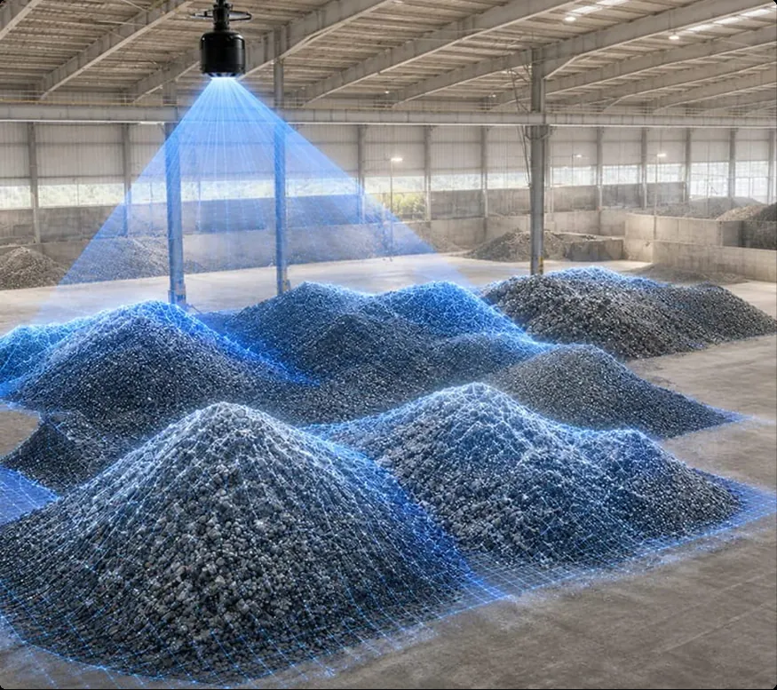 Ceiling-mounted LiDAR sensor mapping irregular bulk material piles across a large indoor warehouse floor