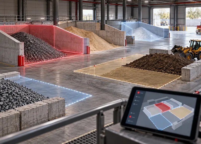 Warehouse floor with zone boundaries in red and blue and a tablet showing the floor plan