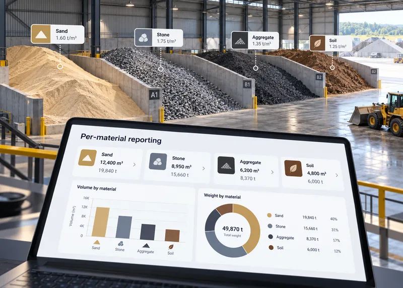 Tablet showing a per-material volume and weight report in front of warehouse bays