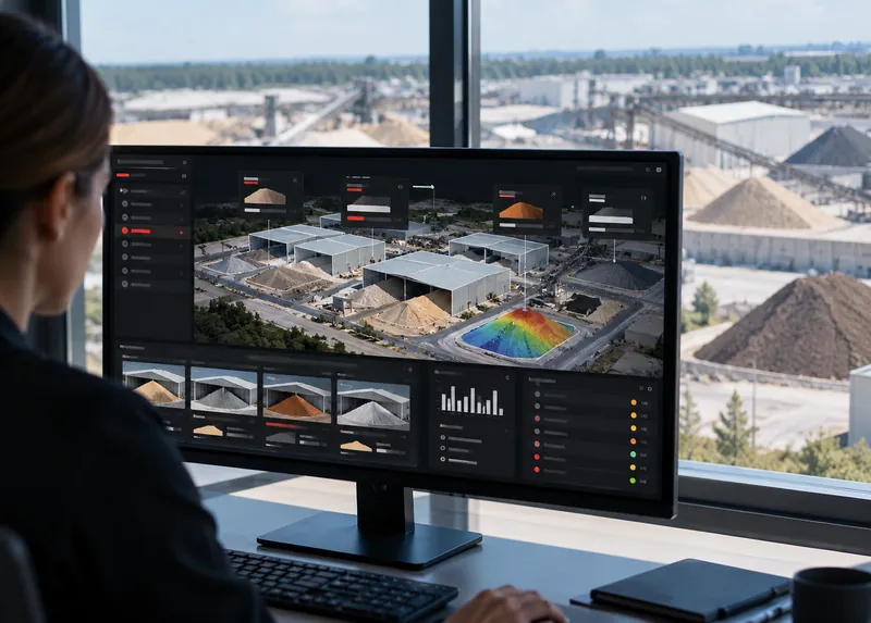 Operator at a monitor with a top view of a warehouse and a 3D pile model