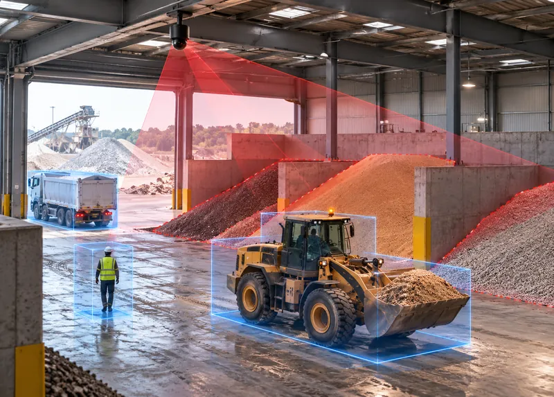 Truck and loader detected inside a warehouse with colored boxes and scan beams