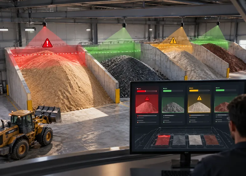 Zone alerts in red, amber and green over bays, with a control room display