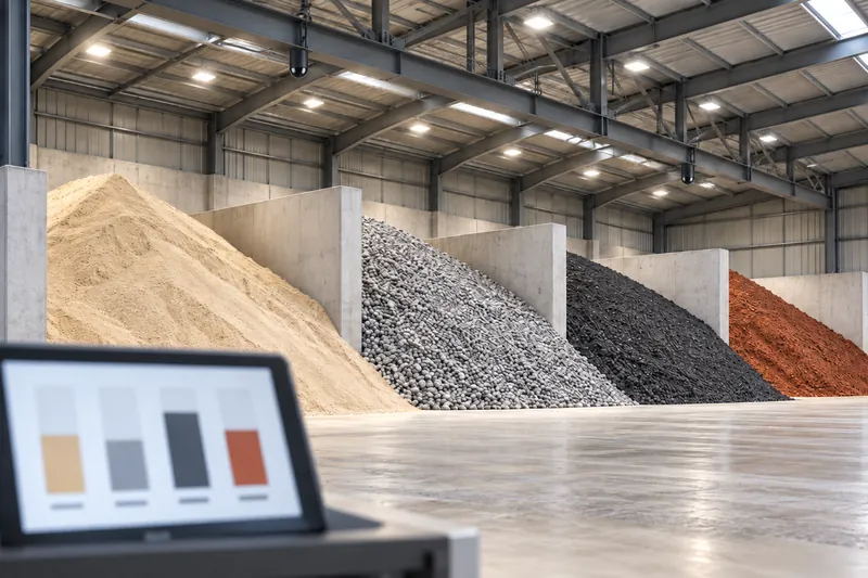 Tablet in front of warehouse bays with sand, gravel and coal
