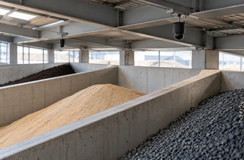 Concrete bays with sand and gravel inside a warehouse with ceiling cameras