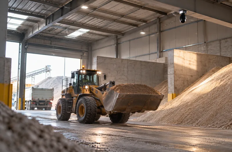 Wheel loader taking material from a pile inside a bulk materials warehouse