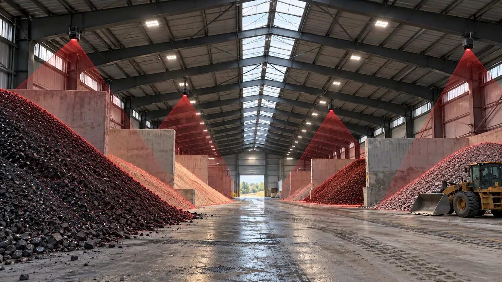 Warehouse bays with red zone overlays and ceiling sensors above piles of dark material