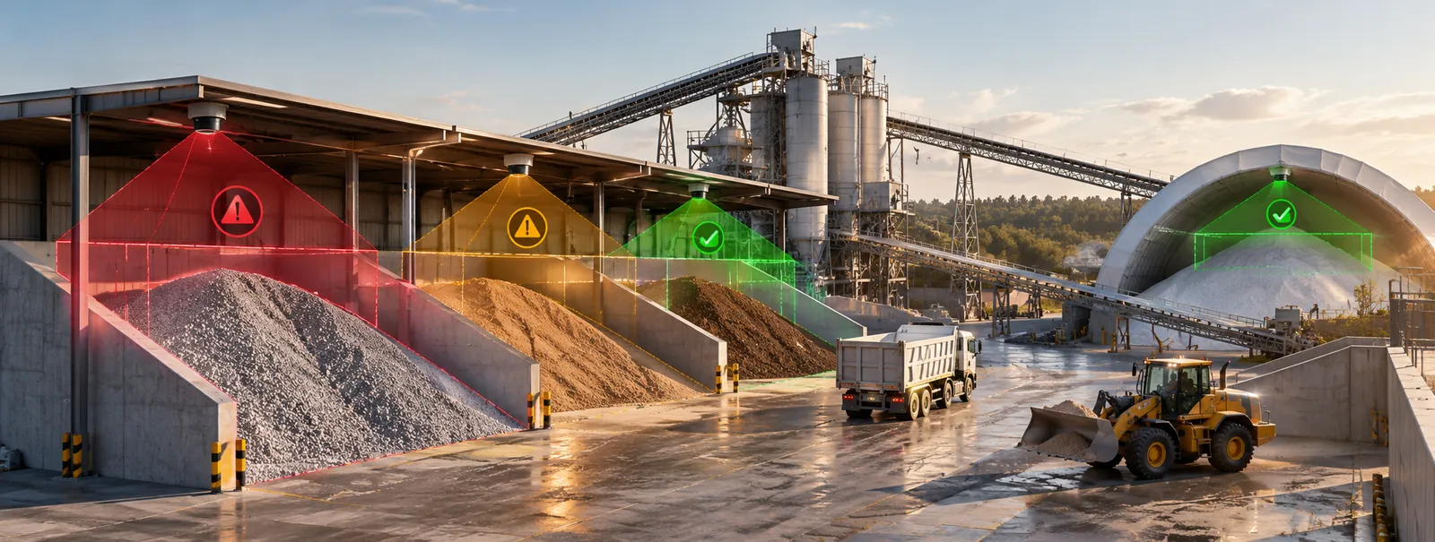 Warehouse zones marked red, amber and green with a wheel loader and trucks