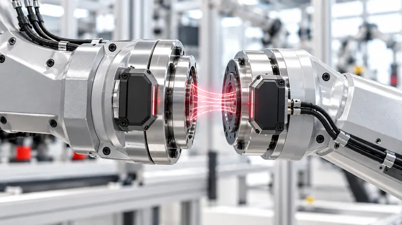 Two robot arm joints linked wirelessly across a rotating interface