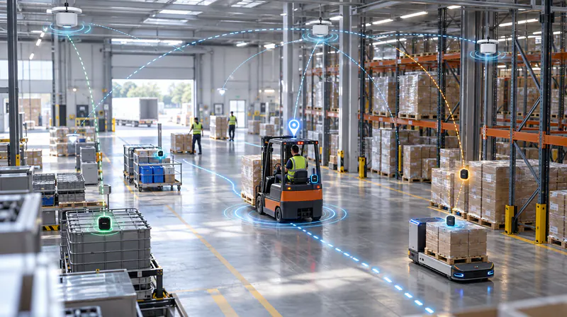 Warehouse with wireless sensors and real-time location tracking of forklifts and robots